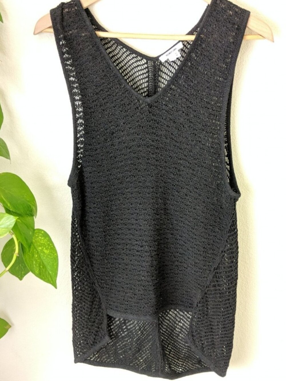 Helmet Lang Black Crochet Open Knit Mesh High-Low Tank Top Shirt